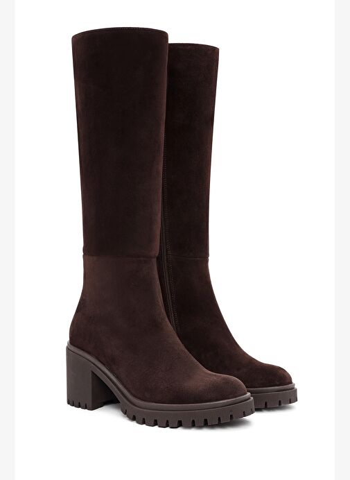 Kadın Kahverengi Fermuarlı Kalın Topuklu Süet Deri Çizme 25WFD201410 - Görsel 6