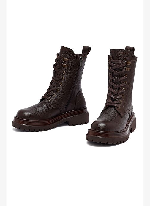 Kadın Kahverengi Fermuarlı Bağcıklı Deri Postal Bot 25WFD2021FT - Görsel 4