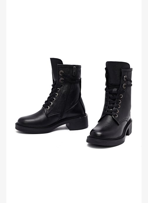 Kadın Siyah Fermuarlı Bağcıklı Deri Postal Bot 25WFD2027FT - Görsel 4