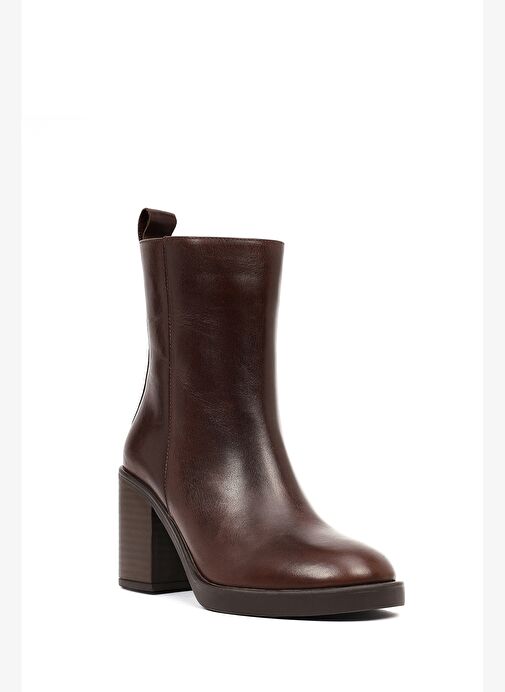 Kadın Kahverengi Fermuarlı Kalın Topuklu Deri Bot 25WFD203018 - Görsel 9