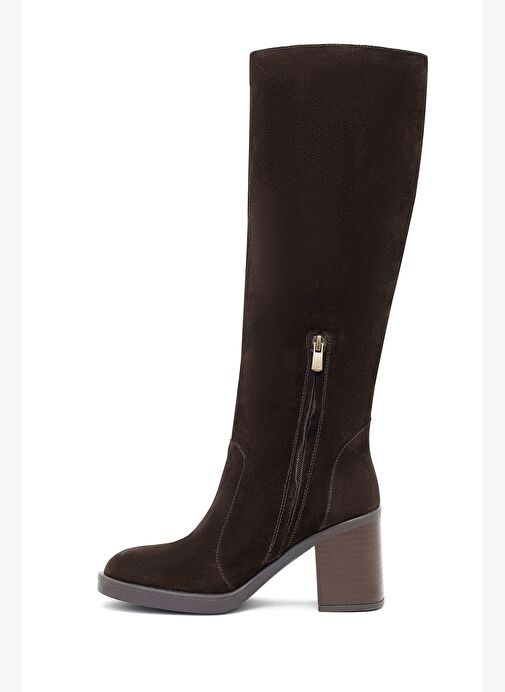 Kadın Kahverengi Fermuarlı Kalın Topuklu Süet Deri Çizme 25WFD203110 - Görsel 5