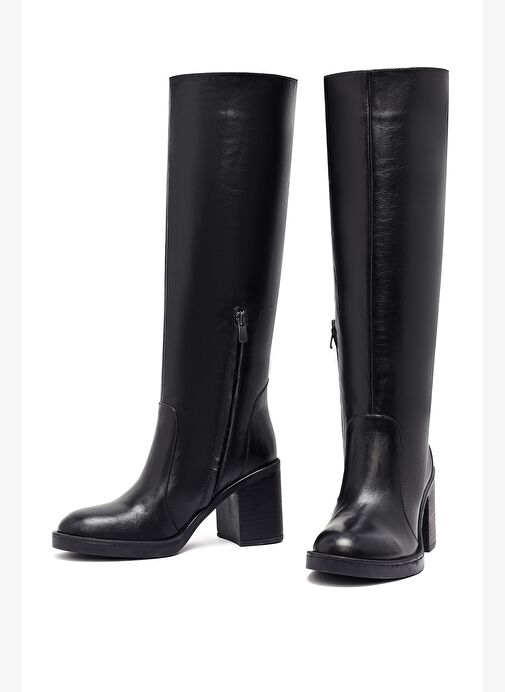 Kadın Siyah Fermuarlı Kalın Topuklu Deri Çizme 25WFD203118 - Görsel 4