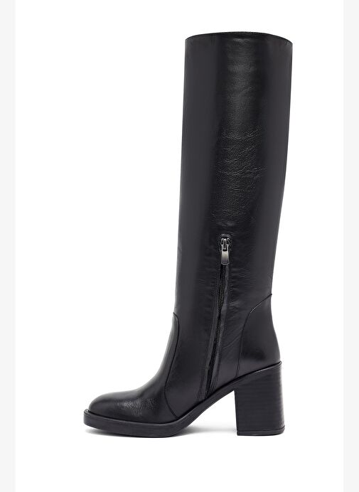 Kadın Siyah Fermuarlı Kalın Topuklu Deri Çizme 25WFD203118 - Görsel 5