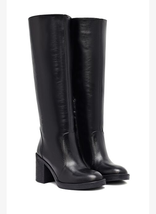 Kadın Siyah Fermuarlı Kalın Topuklu Deri Çizme 25WFD203118 - Görsel 6