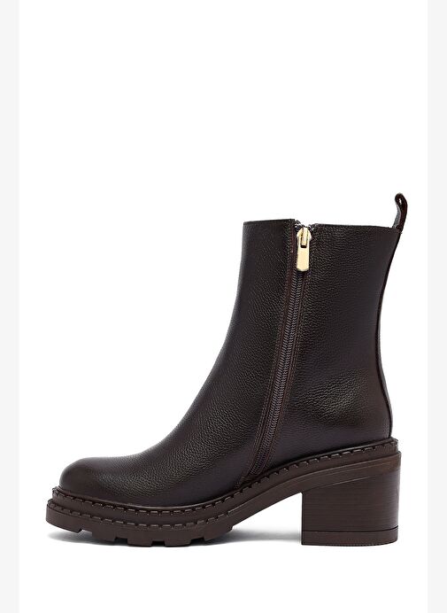 Kadın Kahverengi Fermuarlı Kalın Topuklu Deri Bot 25WFD2037FT - Görsel 5