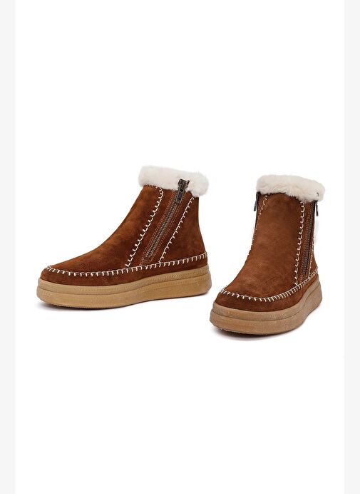 Kadın Kahverengi Fermuarlı Kalın Tabanlı Süet Deri Teddy Bot 25WFD205110 - Görsel 4