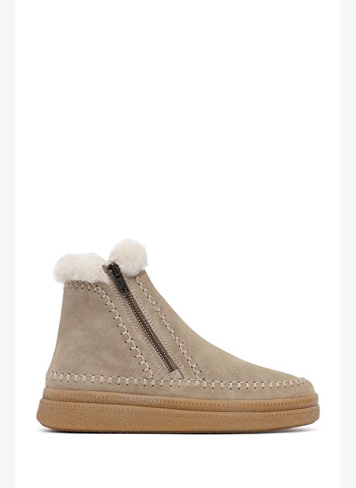 Kadın Bej Fermuarlı Kalın Tabanlı Süet Deri Teddy Bot 25WFD205110 - Görsel 2