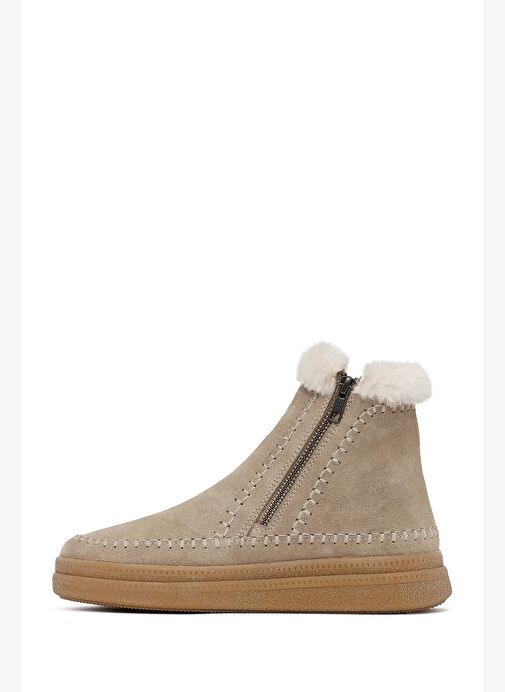 Kadın Bej Fermuarlı Kalın Tabanlı Süet Deri Teddy Bot 25WFD205110 - Görsel 3