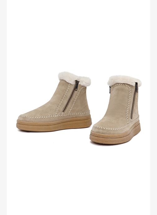 Kadın Bej Fermuarlı Kalın Tabanlı Süet Deri Teddy Bot 25WFD205110 - Görsel 4