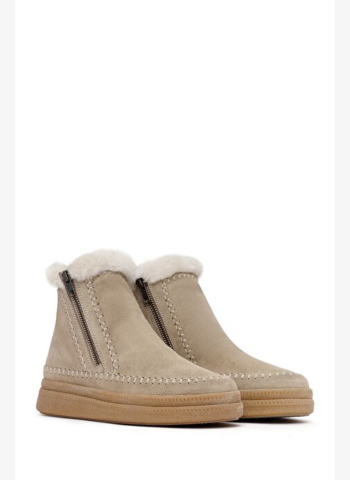 Kadın Bej Fermuarlı Kalın Tabanlı Süet Deri Teddy Bot 25WFD205110 - Görsel 5