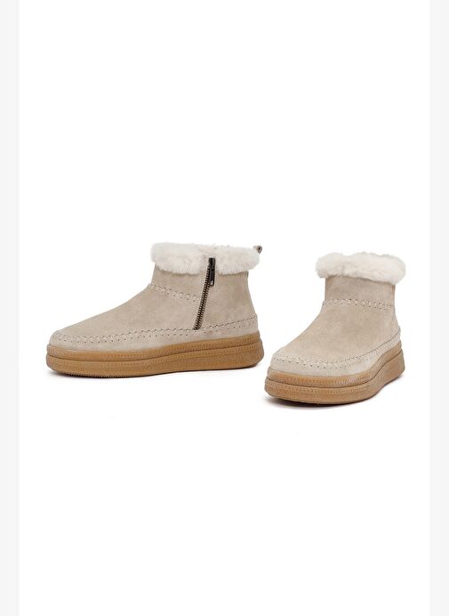 Kadın Bej Fermuarlı Kalın Tabanlı Süet Deri Teddy Bot 25WFD205210 - Görsel 4