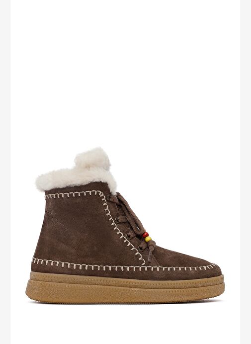 Kadın Kahverengi Bağcıklı Kalın Tabanlı Süet Deri Teddy Bot 25WFD205310 - Görsel 2