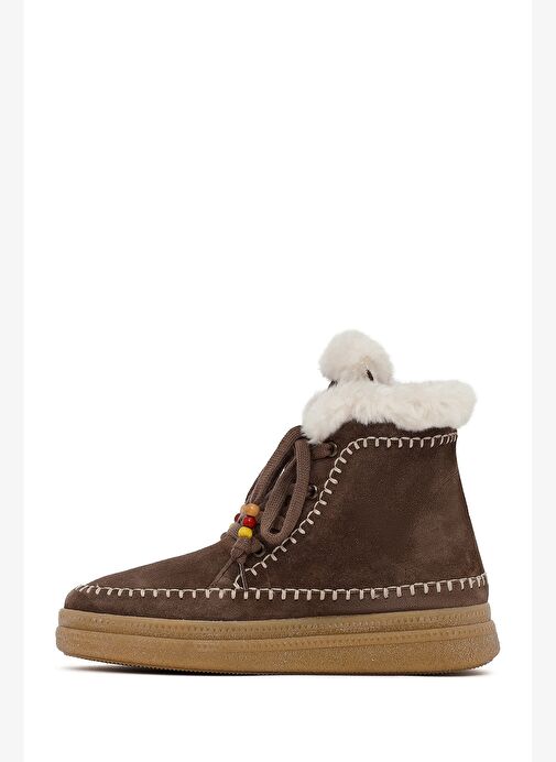 Kadın Kahverengi Bağcıklı Kalın Tabanlı Süet Deri Teddy Bot 25WFD205310 - Görsel 3