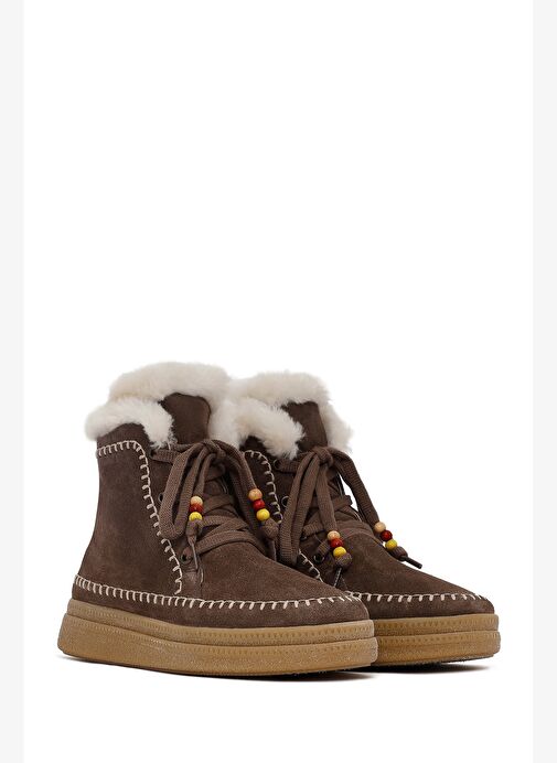 Kadın Kahverengi Bağcıklı Kalın Tabanlı Süet Deri Teddy Bot 25WFD205310 - Görsel 5