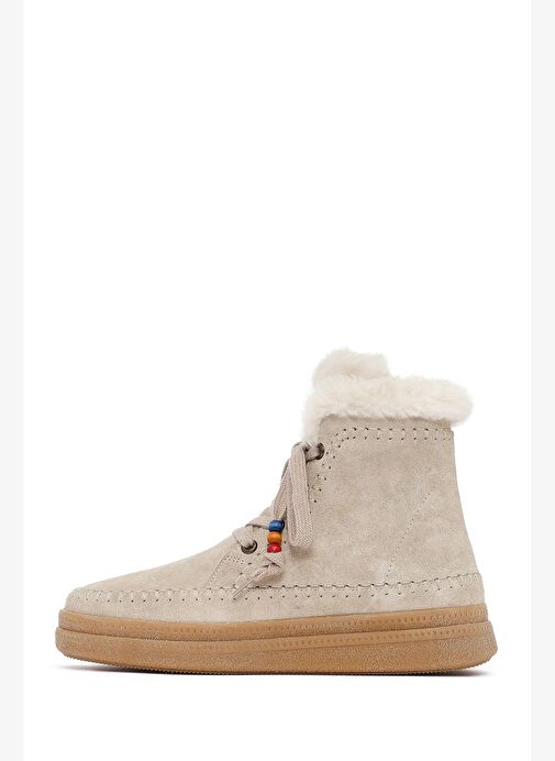 Kadın Bej Bağcıklı Kalın Tabanlı Süet Deri Teddy Bot 25WFD205310 - Görsel 3