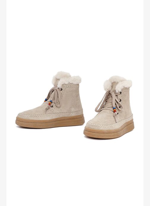 Kadın Bej Bağcıklı Kalın Tabanlı Süet Deri Teddy Bot 25WFD205310 - Görsel 4