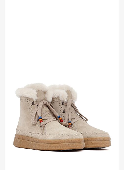 Kadın Bej Bağcıklı Kalın Tabanlı Süet Deri Teddy Bot 25WFD205310 - Görsel 5