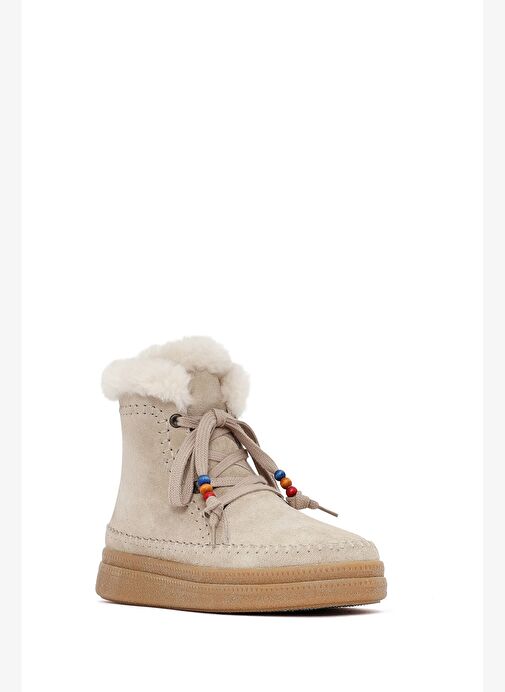 Kadın Bej Bağcıklı Kalın Tabanlı Süet Deri Teddy Bot 25WFD205310 - Görsel 8