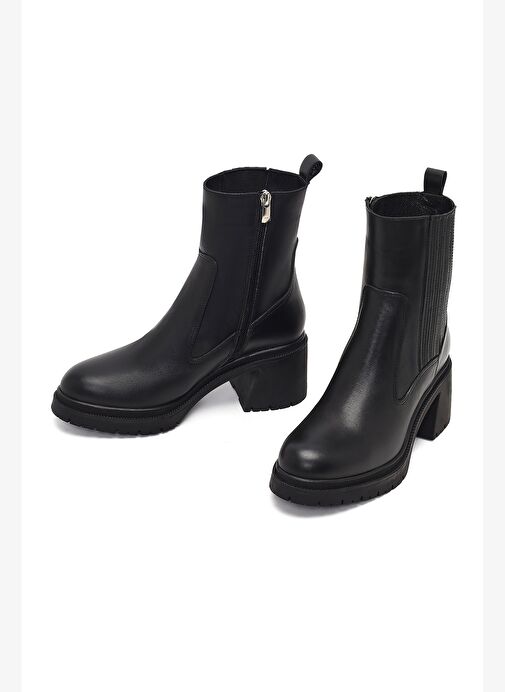 Kadın Siyah Fermuarlı Kalın Topuklu Deri Bot 25WFD230418 - Görsel 4