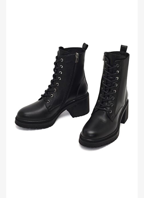 Kadın Siyah Fermuarlı Kalın Topuklu Deri Postal Bot 25WFD230618 - Görsel 4