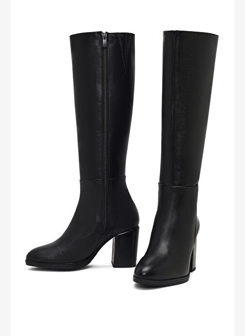 Kadın Siyah Fermuarlı Kalın Topuklu Deri Çizme 25WFD240118 - Görsel 4