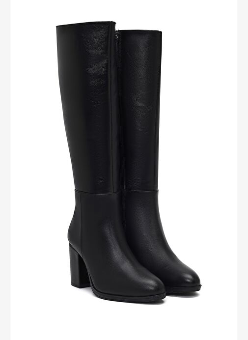 Kadın Siyah Fermuarlı Kalın Topuklu Deri Çizme 25WFD240118 - Görsel 6