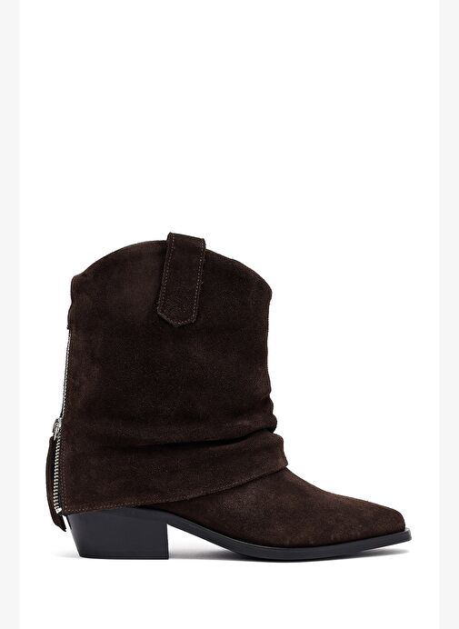 Kadın Kahverengi Kısa Kalın Topuklu Süet Deri Kovboy Bot 25WFD270610 - Görsel 2