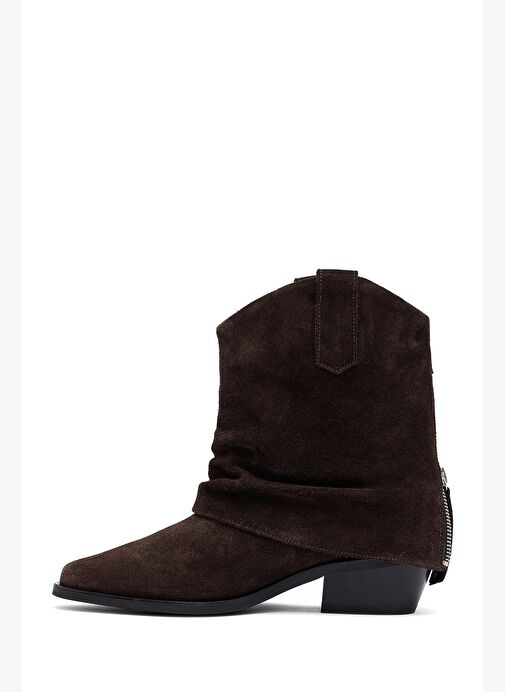 Kadın Kahverengi Kısa Kalın Topuklu Süet Deri Kovboy Bot 25WFD270610 - Görsel 3