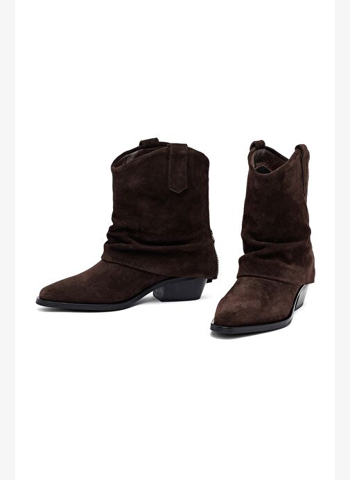 Kadın Kahverengi Kısa Kalın Topuklu Süet Deri Kovboy Bot 25WFD270610 - Görsel 4