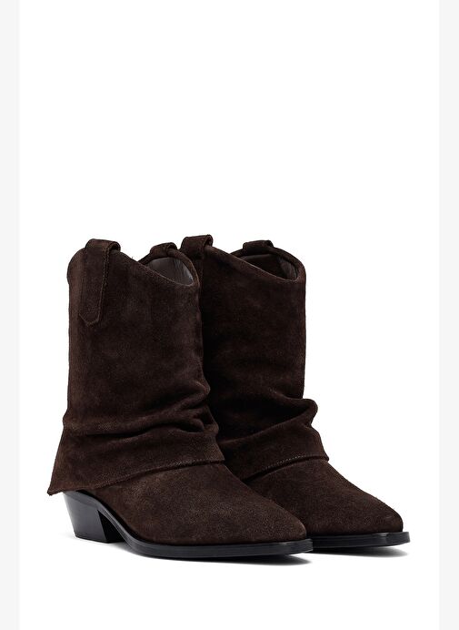 Kadın Kahverengi Kısa Kalın Topuklu Süet Deri Kovboy Bot 25WFD270610 - Görsel 5