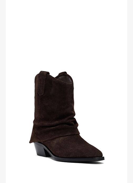 Kadın Kahverengi Kısa Kalın Topuklu Süet Deri Kovboy Bot 25WFD270610 - Görsel 8