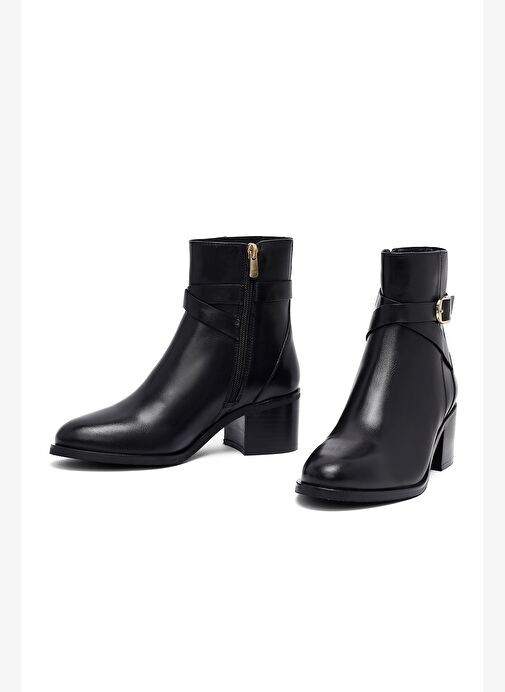Kadın Siyah Fermuarlı Kalın Topuklu Deri Bot 25WFD281518 - Görsel 4
