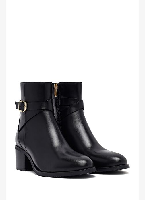 Kadın Siyah Fermuarlı Kalın Topuklu Deri Bot 25WFD281518 - Görsel 6