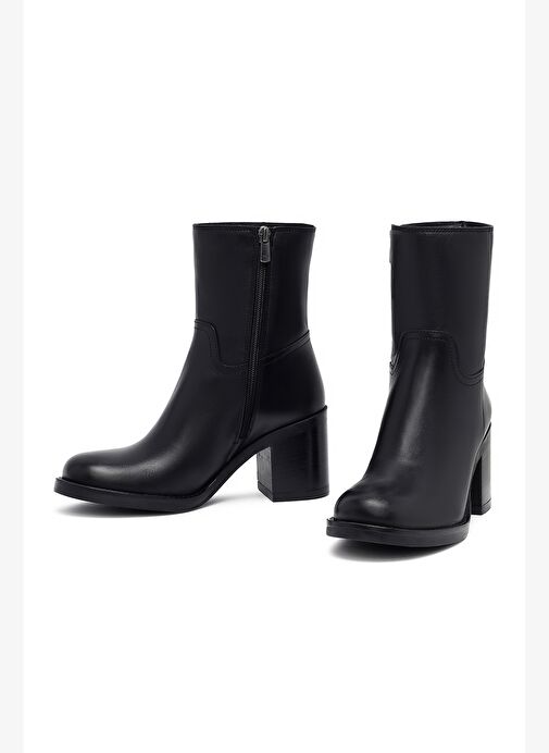 Kadın Siyah Fermuarlı Kalın Topuklu Deri Bot 25WFD281718 - Görsel 4