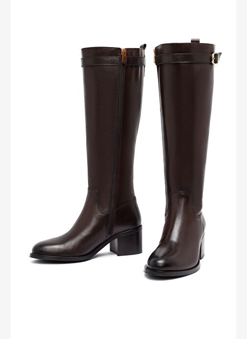 Kadın Kahverengi Fermuarlı Kalın Topuklu Deri Çizme 25WFD282018 - Görsel 4