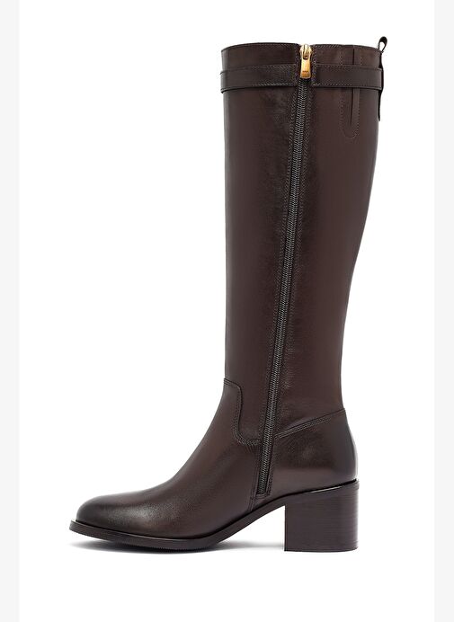 Kadın Kahverengi Fermuarlı Kalın Topuklu Deri Çizme 25WFD282018 - Görsel 5