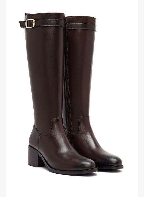 Kadın Kahverengi Fermuarlı Kalın Topuklu Deri Çizme 25WFD282018 - Görsel 6