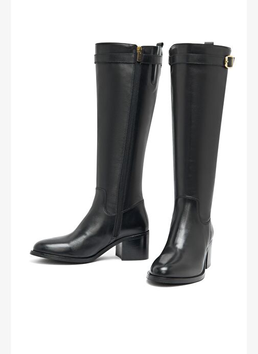 Kadın Siyah Fermuarlı Kalın Topuklu Deri Çizme 25WFD282018 - Görsel 4