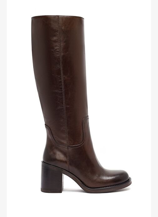 Kadın Kahverengi Fermuarlı Kalın Topuklu Deri Çizme 25WFD282118 - Görsel 2