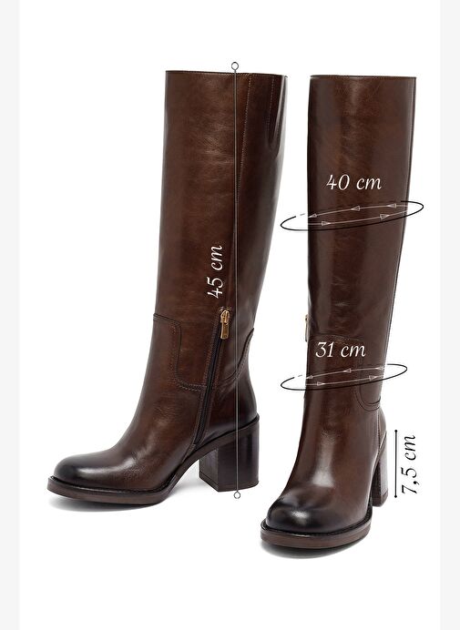 Kadın Kahverengi Fermuarlı Kalın Topuklu Deri Çizme 25WFD282118 - Görsel 3