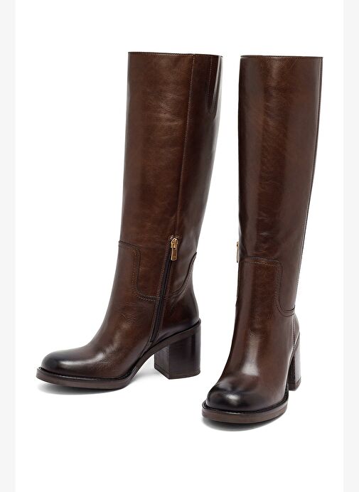 Kadın Kahverengi Fermuarlı Kalın Topuklu Deri Çizme 25WFD282118 - Görsel 4