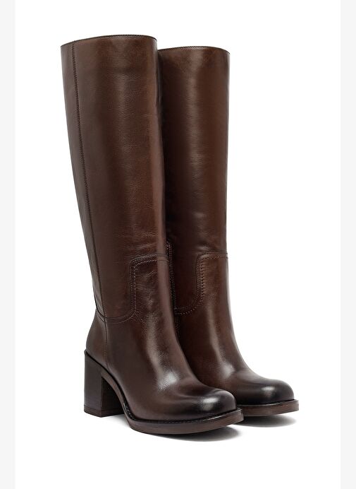 Kadın Kahverengi Fermuarlı Kalın Topuklu Deri Çizme 25WFD282118 - Görsel 6