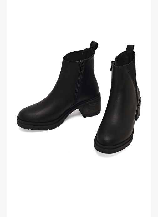 Kadın Siyah Fermuarlı Kalın Topuklu Deri Bot 25WFD340218 - Görsel 4