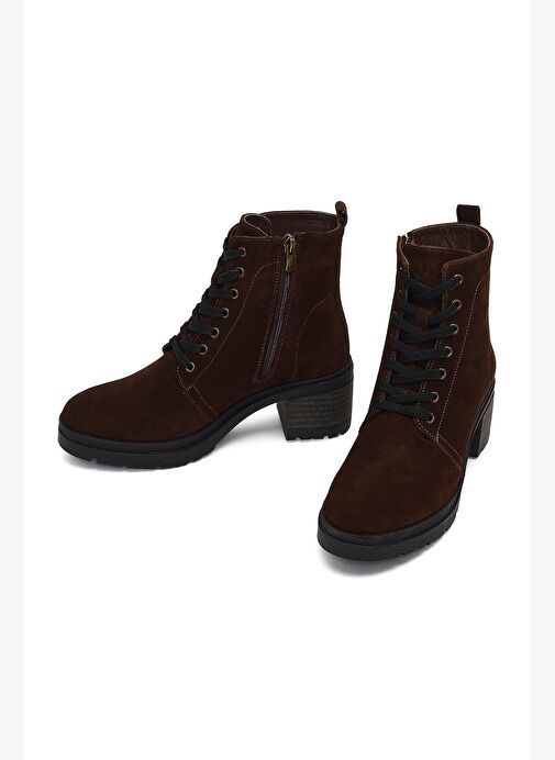 Kadın Kahverengi Fermuarlı Kalın Topuklu Süet Deri Bot 25WFD340310 - Görsel 4