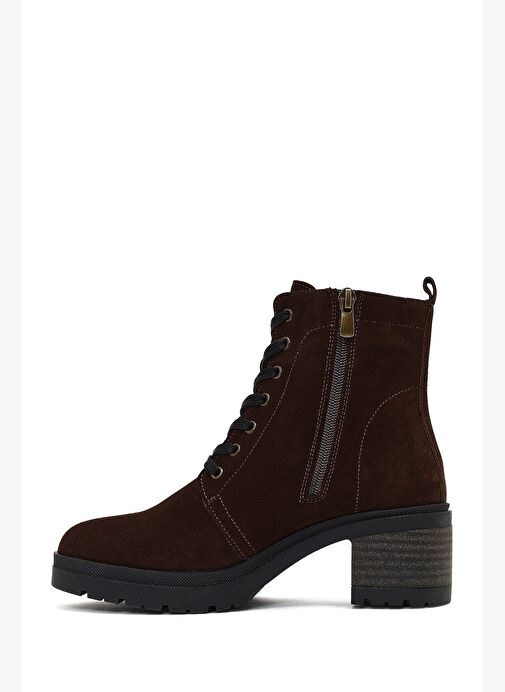 Kadın Kahverengi Fermuarlı Kalın Topuklu Süet Deri Bot 25WFD340310 - Görsel 5