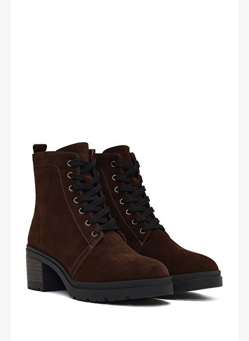 Kadın Kahverengi Fermuarlı Kalın Topuklu Süet Deri Bot 25WFD340310 - Görsel 6