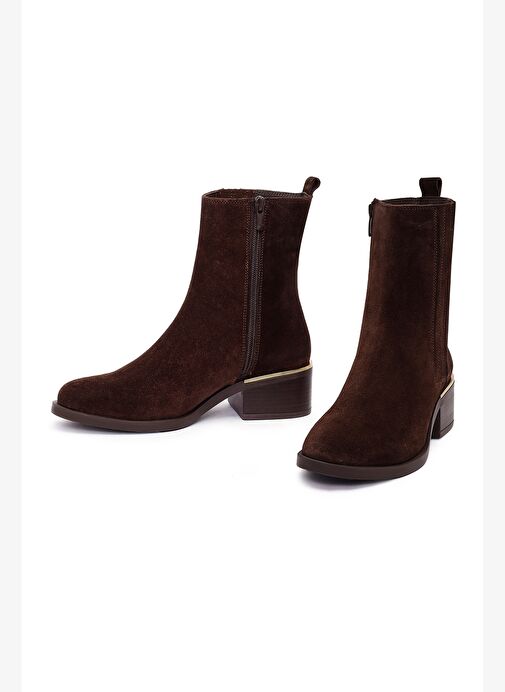 Kadın Kahverengi Fermuarlı Kısa Kalın Topuklu Süet Deri Bot 25WFD360610 - Görsel 4