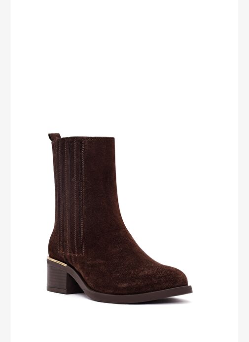 Kadın Kahverengi Fermuarlı Kısa Kalın Topuklu Süet Deri Bot 25WFD360610 - Görsel 8