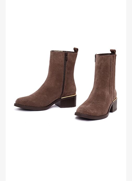 Kadın Vizon Fermuarlı Kısa Kalın Topuklu Süet Deri Bot 25WFD360610 - Görsel 4