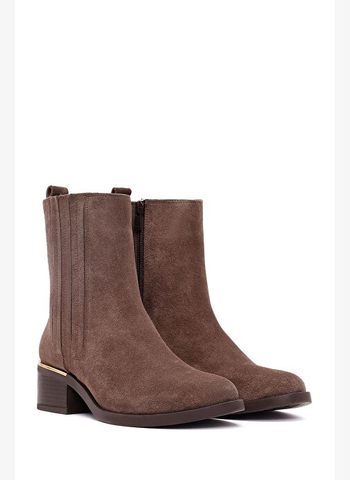 Kadın Vizon Fermuarlı Kısa Kalın Topuklu Süet Deri Bot 25WFD360610 - Görsel 5